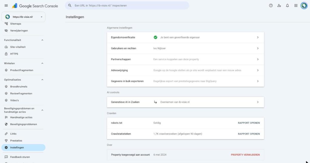 Instellingen in Google Search Console