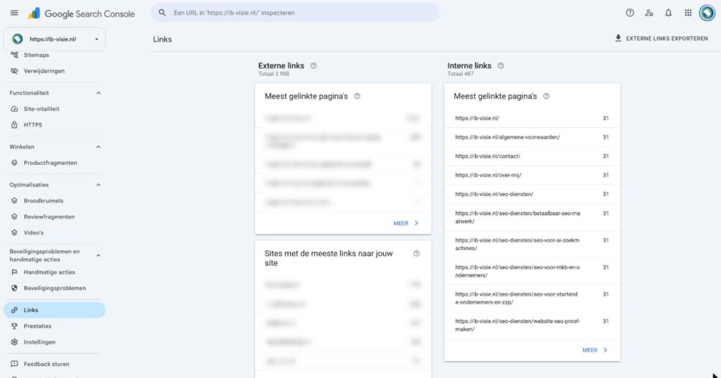 Linksrapport in Google Search Console (externe links geanonimiseerd)