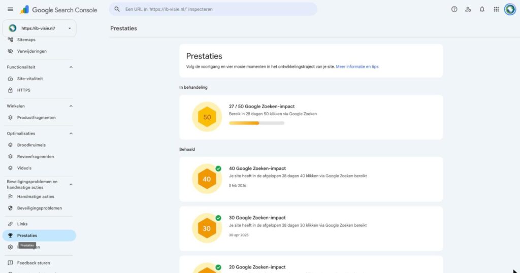Prestaties en mijlpalen in Google Search Console