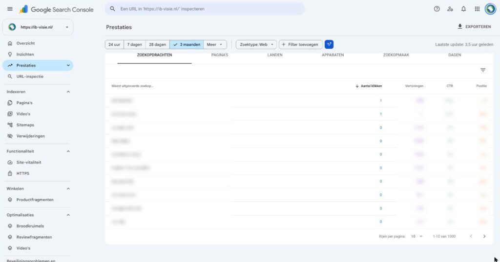 Tabel met zoekopdrachten in het prestatierapport van Search Console (geanonimiseerd)