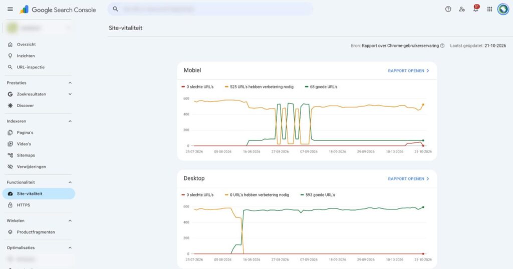 Site-vitaliteit voor mobiel en desktop in Google Search Console (voorbeeld, geanonimiseerd)
