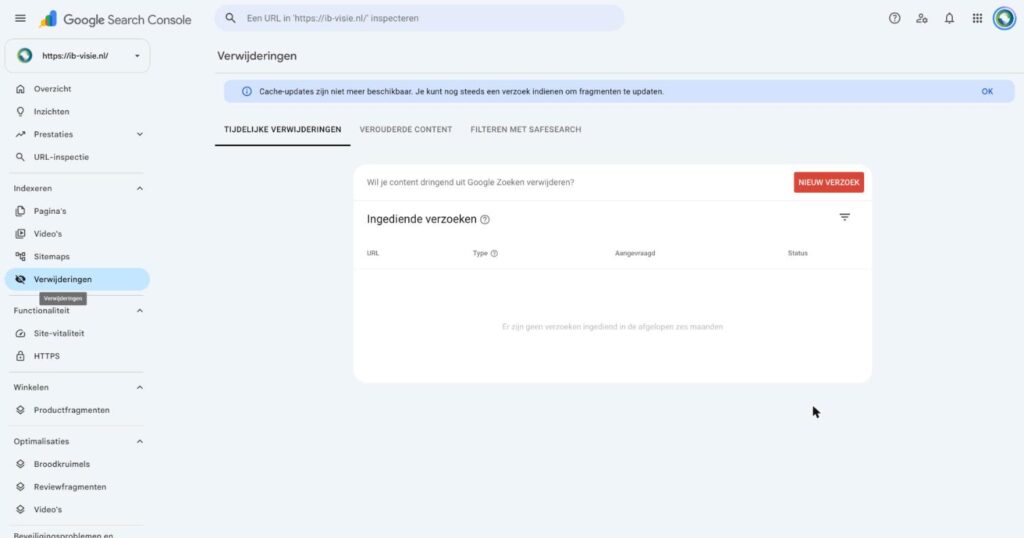 Tabblad Verwijderingen in Google Search Console